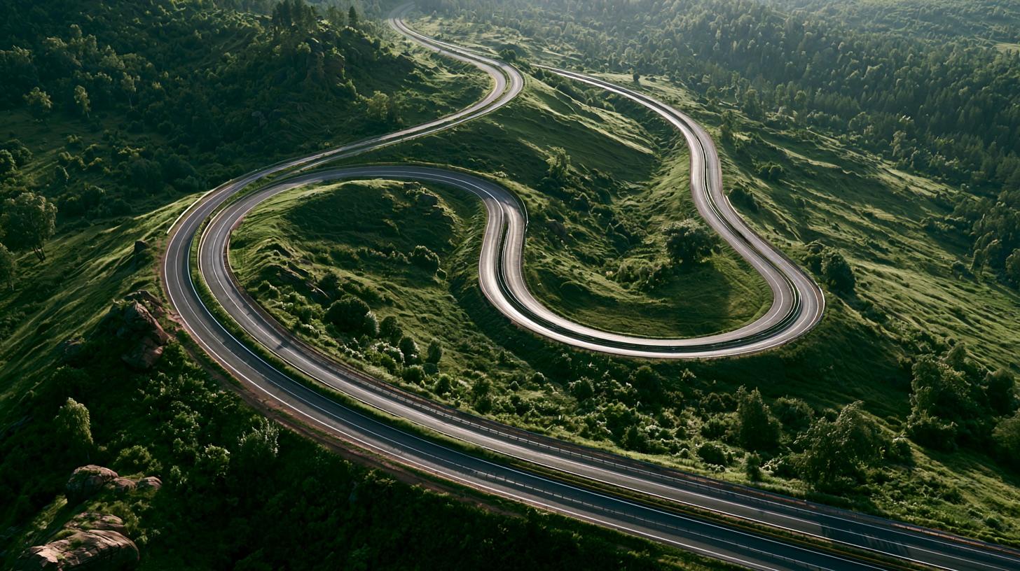 An aerial of a winding highway interchange threading through green landscape