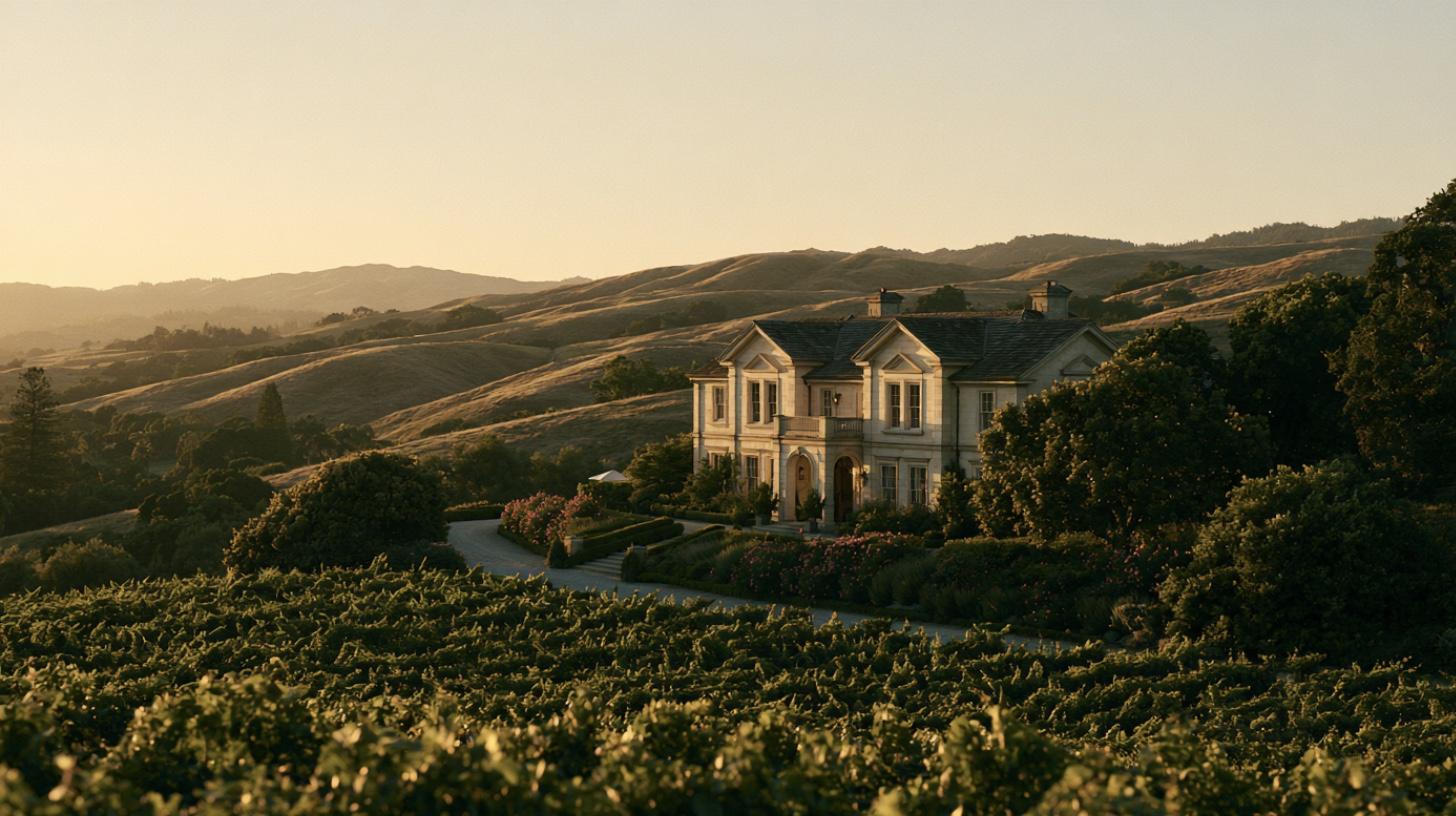 A vineyard estate on rolling hills at golden hour