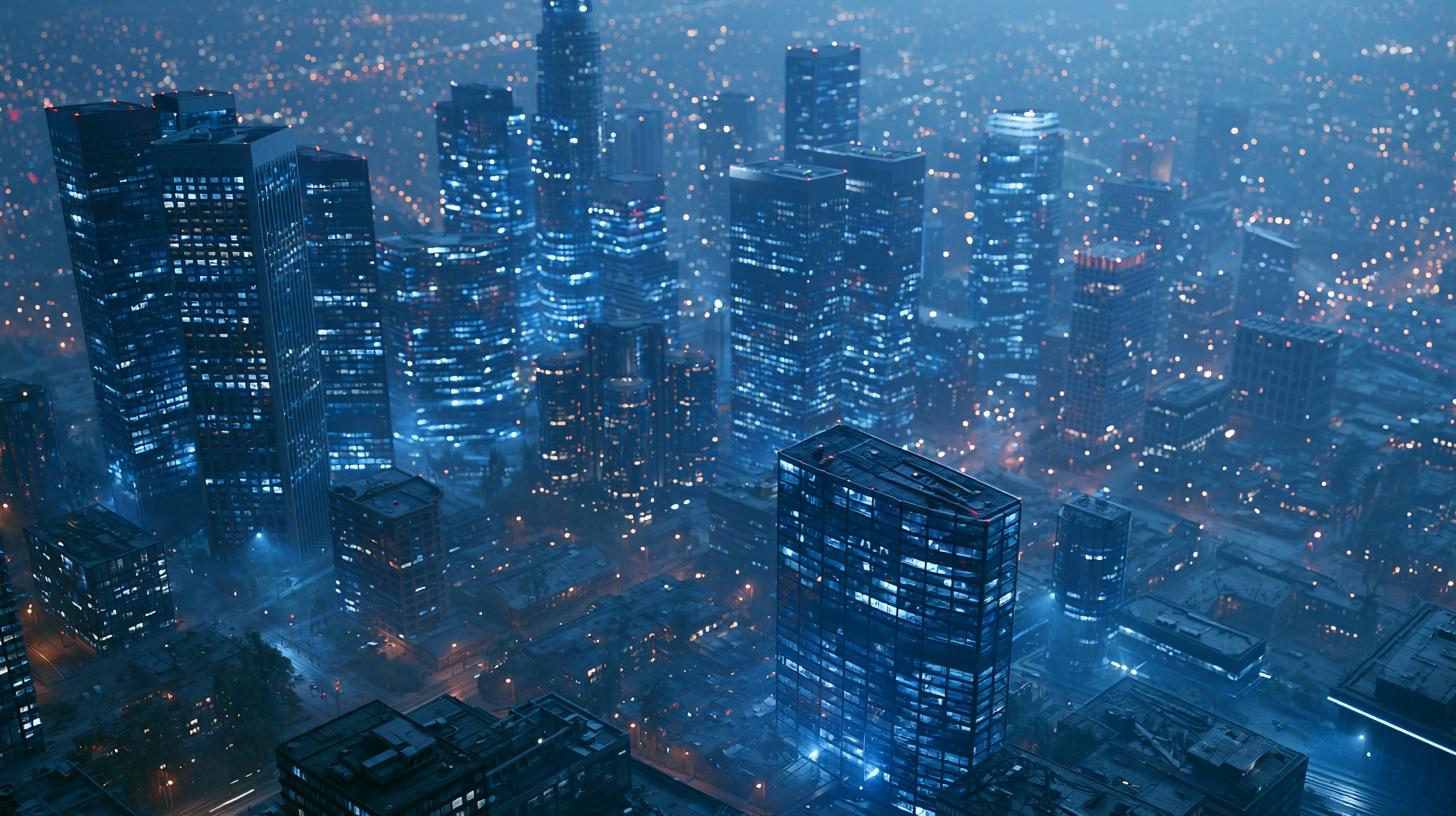 A financial-district skyline at blue hour, towers lit against the haze