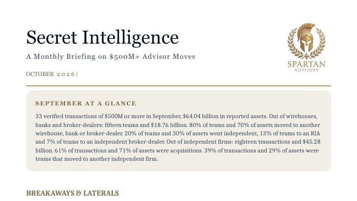 Cover preview of Secret Intelligence, the monthly briefing on $500M+ advisor moves