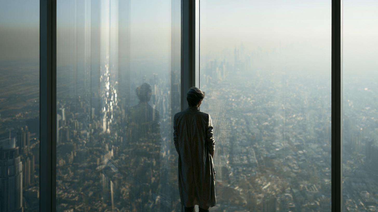 A figure at a floor-to-ceiling skyscraper window looking out over the city