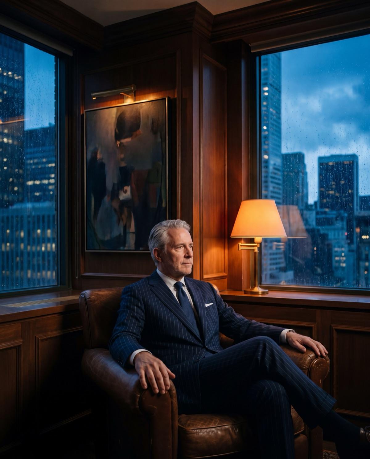 An advisor in a wood-panelled corner office above the city on a rainy evening
