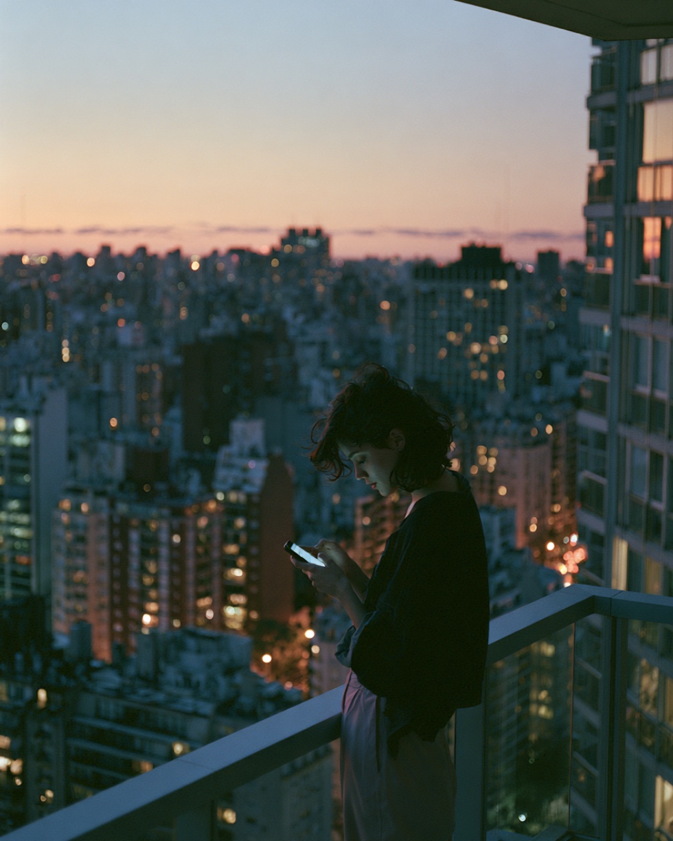 A woman on a high-rise balcony above a glittering city at dusk